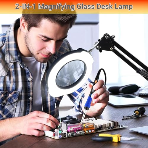 15X Magnifying Glass with Light, Real Glass Lens, 84 LEDs, 5 Color Modes Stepless Dimmable, Adjustable Swing Arm with Clamp and Base, Hands-Free Magnifier for Crafts, Reading, Repair, Close Work