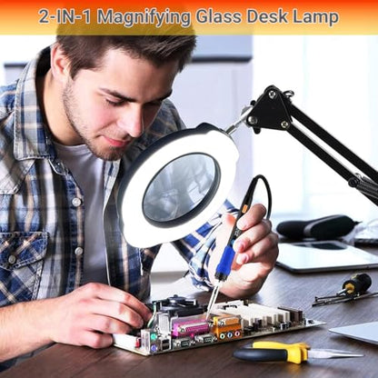 15X Magnifying Glass with Light, Real Glass Lens, 84 LEDs, 5 Color Modes Stepless Dimmable, Adjustable Swing Arm with Clamp and Base, Hands-Free Magnifier for Crafts, Reading, Repair, Close Work