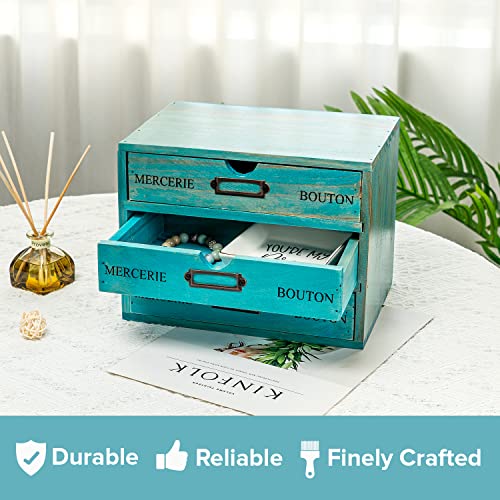 Turquoise 3-Tier Drawer Unit - European Country Style Desk Organizer Box - 9.7x7x7.5" Wooden Teal Stackable Drawers - Countertop Organizer Drawers w/Label Holder - Triple File Drawer Unit - style: 3 Drawer I 7.5"