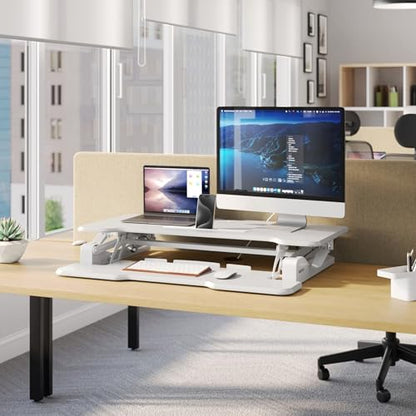 Mount-It! Standing Desk Converter White 38” Wide Height Adjustable Stand Up Desk Riser, Desk Topper with Gas Spring, Desktop Standing Desk with Keyboard Tray Fits Two Monitors - color: White, size: 38 Inches