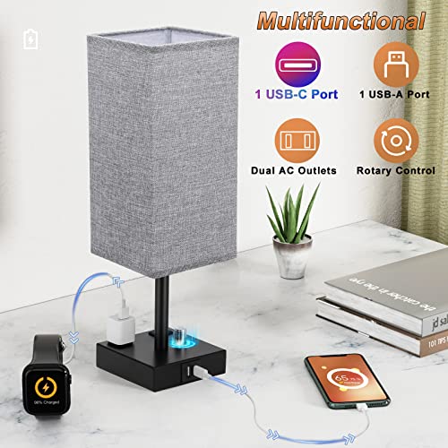 aooshine Gray Fully Dimmable Nightstand Lamps Set of 2 - Table Bedside Lamp with USB C+A Charging Ports & 2 AC Outlets, Square Lamp Sets Linen Fabric Shade for Bedroom Living Room(Bulb Included) | Stepless Dimmable by Rotary Knob, 3000K LED Bulbs Included
