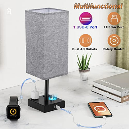 aooshine Gray Fully Dimmable Nightstand Lamps Set of 2 - Table Bedside Lamp with USB C+A Charging Ports & 2 AC Outlets, Square Lamp Sets Linen Fabric Shade for Bedroom Living Room(Bulb Included) | Stepless Dimmable by Rotary Knob, 3000K LED Bulbs Included