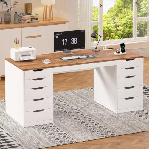 YOMILUVE 55 Inch Computer Desk with 10 Drawers and Outlets for Home Office - color: Brown and White, size: 55inch-10drawers