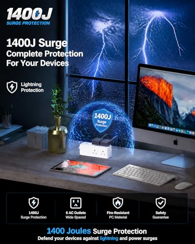 10FT 2 Prong Power Strip, WRXDMC 2 Prong to 3 Prong Outlet Adapter | 1400J Two Prong Surge Protector, 10ft Cord, 6 AC with 2 USB C and 2 USB A, Wall Mountable, Ideal for Old House