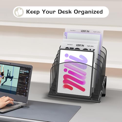 Sinboun Inclined Desk File Organizer Folder Holder with 5-Section, Black - color: Black, size: 5 Section