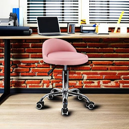 KKTONER PU Leather Round Rolling Stool with Back Rest Height Adjustable Swivel Drafting Work SPA Task Chair with Wheels Pink - color: Pink