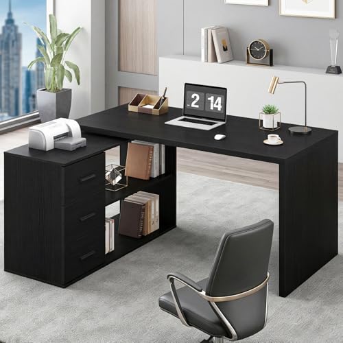 HSH Black L Shaped Desk Corner Desk with 3 Storage Drawers 55 inch | Reversible Home Office Corner Desk with 2 Open Side Shelves Modern Wood Executive L Desks for Bedroom,Study Workstation - color: Black Oak, size: 55 Inch