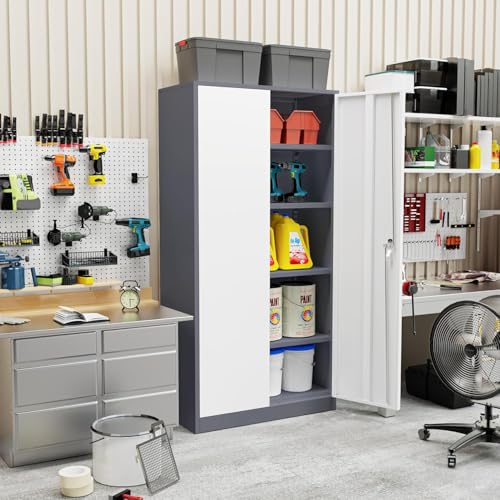 SUNCROWN Metal Storage Cabinets, 72”Locking Cabinet with 2 Doors and 4 Adjustable Shelves, Steel Utility Tool Garage Cabinets,Tall Metal Lockable File Cabinet, Grey & White - color: Grey & White, size: 72"H x 36"W x 18"D