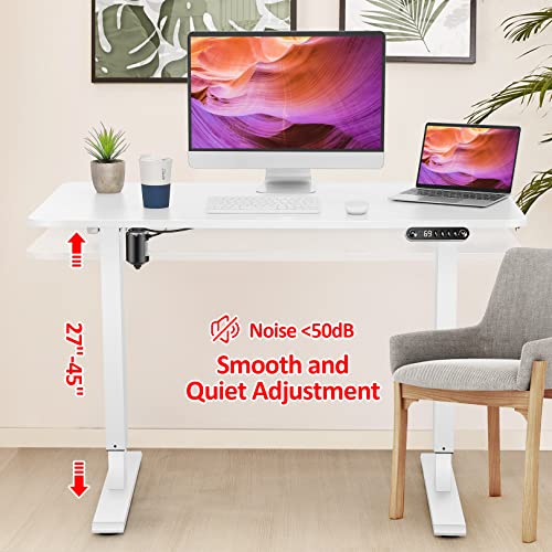 Electric Standing Adjustable Height Desk, 55'' x 24''Computer Workstations with Wheels and Double Hooks, 27''-46'' Lifting Range Stand up Desk(White) - color: White, size: 55 x 24''