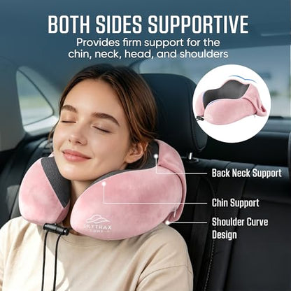 SkytraxComf® Travel Neck Pillow with Hood for Privacy on Long Flights | Memory Foam | Airplane Sleep | Safety-Tested Materials | Extra Large Hood | Chin Support | Earplugs | Washable Cover - color: Pink