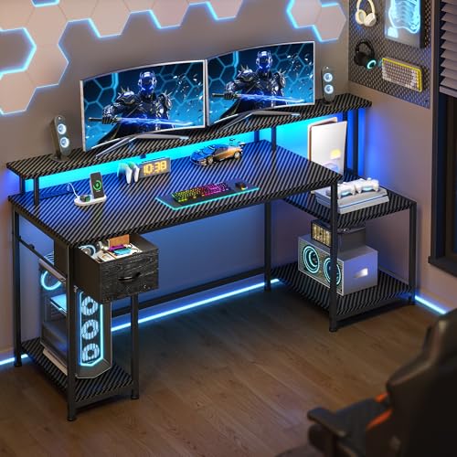 DurayLoly Gaming Desk with 55" Long Monitor Stand, 18" Ample Printer Space | Storage Drawer and File Shelves,Versatile RGB LED Lighting,Built-In USB Outlet,Sturdy Metal Frame,Bedroom Writing Desk,Black - color: Black Carbon Fiber