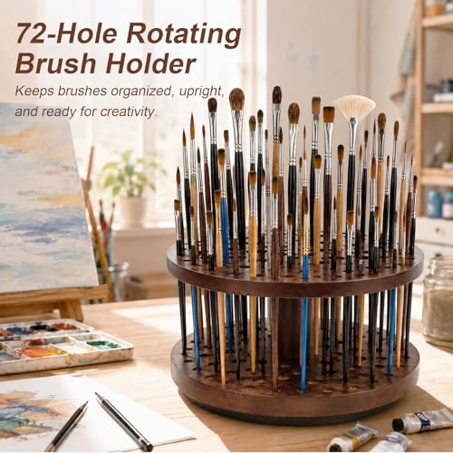 Solid Wood 360° Spinning Paint & Makeup Brush Organizer - color: brown（72 Holes）