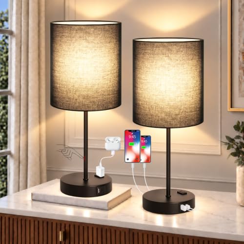 Lynnoland 2 Pack Touch Control Table Lamps with 2 USB & AC Outlet, 3-Way Dimmable Bedside Nightstand Lamps for Bedroom Living Room Nursery, 800 Lumens 3000K Warmlight Bulbs Included - color: Black & Matte Black