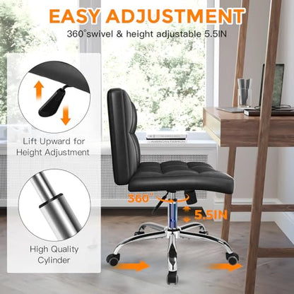 Black Office Chair with Wheels - 360° Swivel Armless Back Support - color: Widened Black