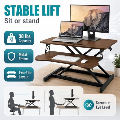 32" Height Adjustable Sit Stand Desk Converter, Dual Monitor Laptop Riser, Black (Desk Converter (Walnut)) - color: Desk Converter (Walnut)