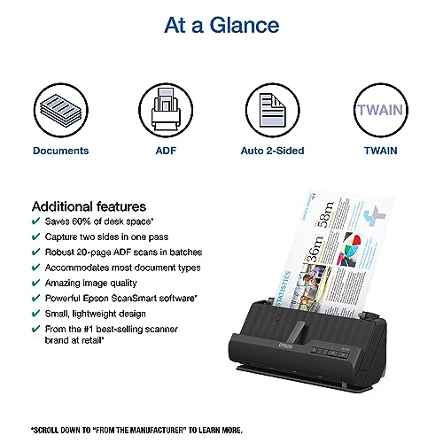 Epson Workforce ES-C220 Compact Document Scanner Duplex 20-pg ADF | 20-Page Auto Document Feeder 30 ppm/60 ipm Speed Portable Scanner for PC and Mac - style: ES-C220