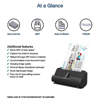 Epson Workforce ES-C220 Compact Document Scanner Duplex 20-pg ADF | 20-Page Auto Document Feeder 30 ppm/60 ipm Speed Portable Scanner for PC and Mac - style: ES-C220