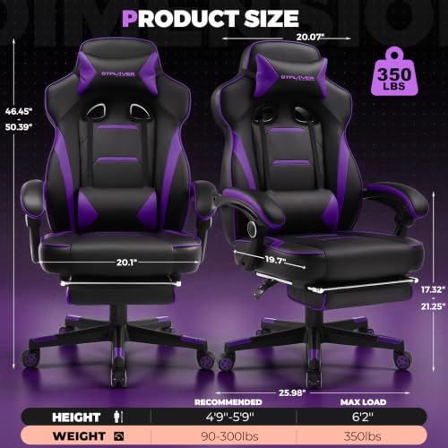 GTPLAYER Gaming Chair with Footrest, 350LBS Big and Tall Office Chair, Ergonomic High Back Lumbar Support and Recliner for Back Pain Relief, Purple - color: Ergo-purple
