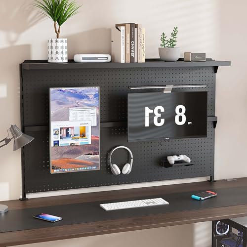 Metal Pegboard Desk Organizer with Dual Monitor Stand, 59x35 Inch Clamp-On Privacy Panel, Carbon Steel Gaming Desk Wall Organizer with 3 Accessories, Black Office Desk Storage System