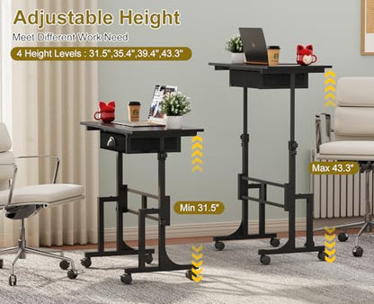Adjustable Height Standing Desk With Drawer, Rolling Sit Stand Up Desk With Wheels, Small Sit To Stand Computer Desk, Adjustable Desktop Height, On Wheels, Black, For Walking Pad Laptop Treadmill - color: Black