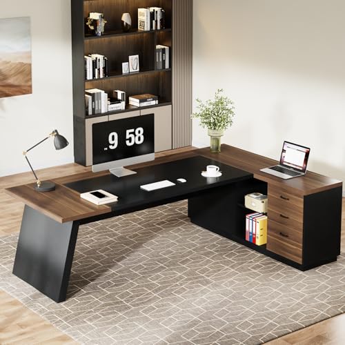 Tribesigns 78" L-Shaped Executive Desk, Extra Large Modern Office Desk with Drawers and File Cabinet, Business Furniture with Storage Shelves, Big Computer Desk for Home Office (Light Walnut + Black) - color: Light Walnut + Black