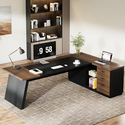 Tribesigns L-Shaped Executive Desk, 78-Inch Modern Office Desk with Drawers and Lateral File Cabinet, Large Bussiness Furniture with Storage Shelves, Workstation for Home Office (Brwon + Black) - color: Brwon + Black