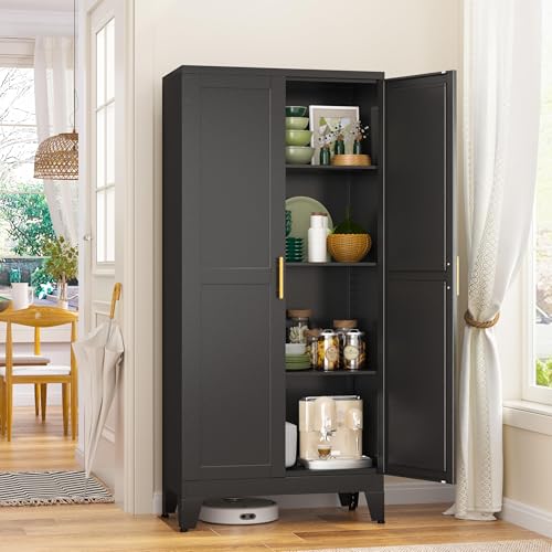 GAIOUS Metal Storage Cabinet With 2 Doors and 3 Adjustable Shelves, Black Kitchen Pantry for Food, Utility Cabinet for Laundry Room, Cupboard - color: Black, size: 11.81"D x 23.62"W x 47.25"H