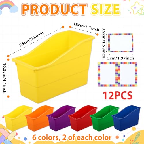 gisgfim 12 Pack Large Book Bins with Labels (Rainbow) | Durable Plastic,Stackable Magazine Organizer,Storage Bins for Classroom,Library,Office,Bookshelf Categorization - color: Rainbow