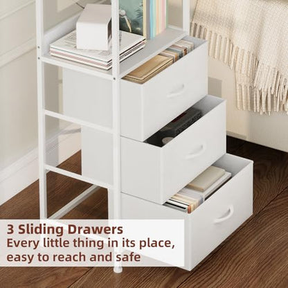 Somdot 5 Tier Bookshelf with 3 Drawers, Narrow Storage Bookcase for Bedroom | Tall Metal Frame Bookcase for Small Spaces, Living Room and Home Office, White - color: White