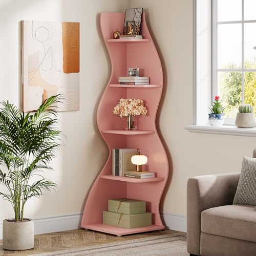 Tribesigns Wavy Corner Shelf, Modern 5-Tier Bookshelf Bookcase with Curvy Shape, Unique Plant Stand Display Rack for Living Room Small Space (Pink) - color: Pink