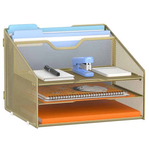 GAWERK Letter Tray Organizer, Mesh Desk File Organizer with 3 Paper Trays and 2 Vertical Upright Section (Gold) - color: Gold