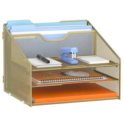 GAWERK Letter Tray Organizer, Mesh Desk File Organizer with 3 Paper Trays and 2 Vertical Upright Section (Gold) - color: Gold