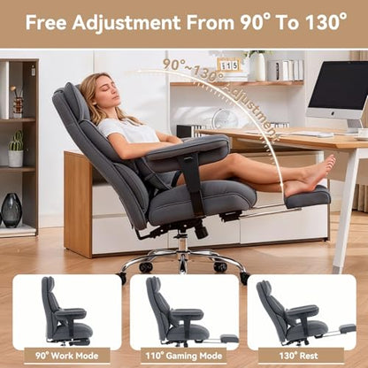 Efomao Executive Office Chair, Bluegrey Fabric Big and Tall Desk Chair | Breathable fabric, pocket spring & foam seat, retractable footrest, 135° recline for computer gaming setup - color: 3084mus-bluegrey