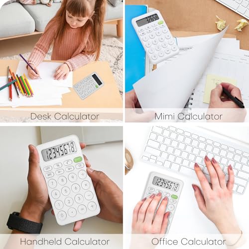 Cute Calculator, Basic Four Function for Teachers Students Basics Office, Small Handheld Calculators, 8 Digit with LCD Display, Sensitive Button, 5.5×3.2 inches White - color: White