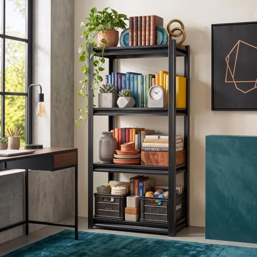 Heavy Duty 4 Tier Metal Book Shelf Adjustable Bookcase | 2400 LBS Bolt-free Storage Shelves with Deep Bookshelf for living Room, Office and Garage Storage, 13.8"Wx 11.8"Dx 45"H - size: 4 Tier-13.8"Wx 11.8"Dx 45"H