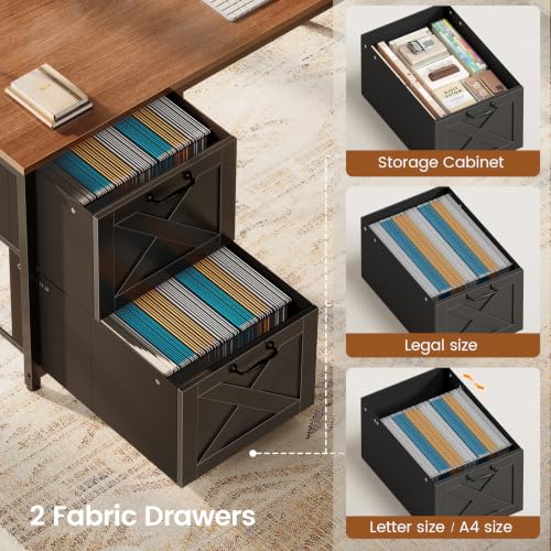 SEDETA Farmhouse Reversible L Shaped Coner Gaming Desk with Drawers, Hutch - color: Black and Brown