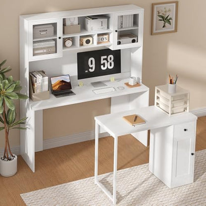 TUSY Reversible L Shaped Desk with Hutch & Storage Cabinet, 71“ Corner Desk with LED, White Computer Desk with Drawers, DIY Home Office Desk for Small Space, Craft Desk with Storage