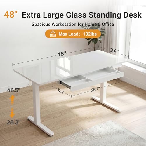 YDN Glass Standing Desk with Drawers 48x24 Inch Super White - color: Super White, size: 48 Inch