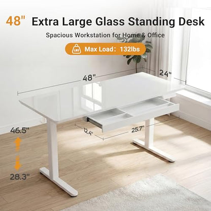 YDN Glass Standing Desk with Drawers 48x24 Inch Super White - color: Super White, size: 48 Inch