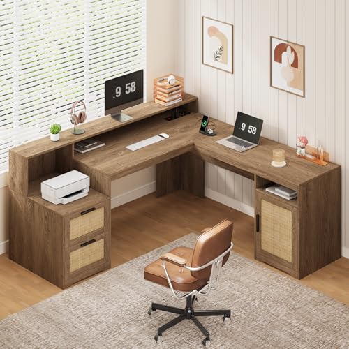 63" Rattan L Shaped Desk with Drawers & Printer Shelf for Home Office | Corner Computer Desk with Storage, Power Outlets, L Shaped Office Desk with Monitor Stand, Printer Shelf, Oak - color: Caramel Oak