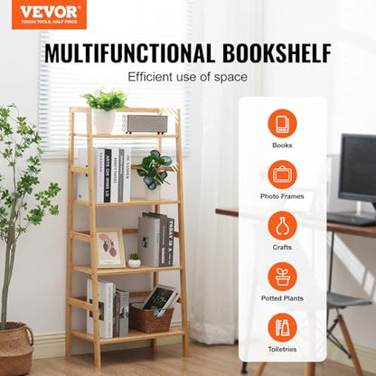 VEVOR 4-Tier Bamboo Ladder Shelf, Trapezoid Open Bookcase, Display Storage Rack Organizer, Freestanding Flower Plant Stand, Ladder Bookshelf Ideal for Bathroom, Bedroom, Office, Study, Natural - style: 4-Tier