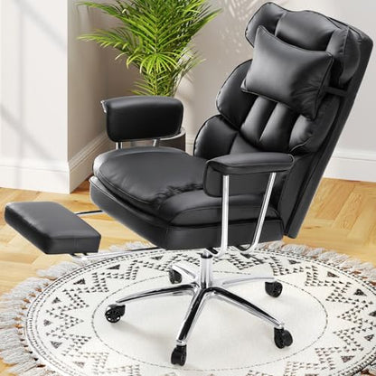 DUMOS Ergonomic Home Office Desk Chair, Executive Chair, PU Leather | Big Tall High Back, Lumbar Support, Reclining Height Adjustable, Computer Gaming, Footrest Swivel Wheels, Black - color: Black