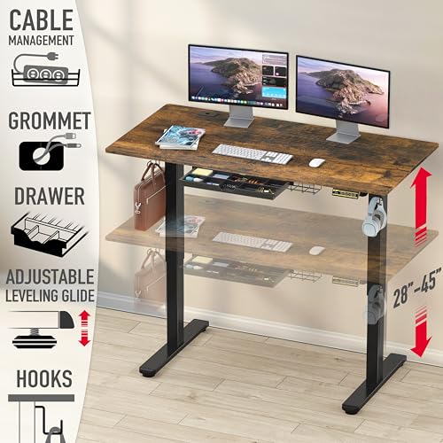 SHW 55 x 28 Electric Height Adjustable Standing Desk w/Drawer,Rustic Brown - color: Rustic Brown, size: 55-Inch