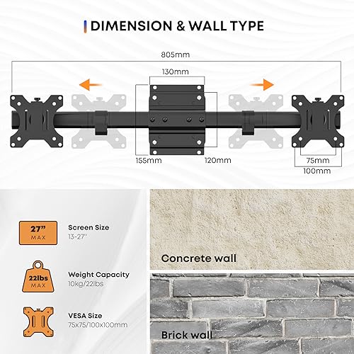 PUTORSEN Dual Monitor Wall Mount, Horizontal Assembly Mount for 2 Monitor Screens up to 27 inches,Max. 10kg, VESA 75x75/100x100mm - size: Up to 27"