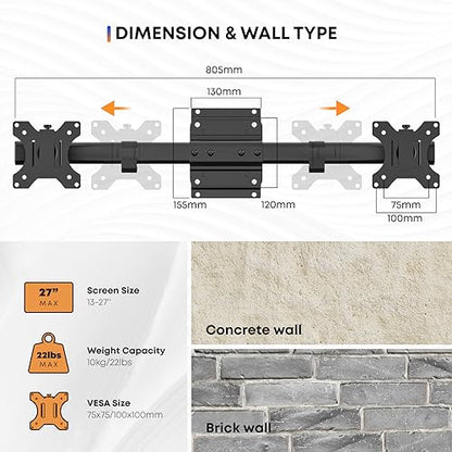 PUTORSEN Dual Monitor Wall Mount, Horizontal Assembly Mount for 2 Monitor Screens up to 27 inches,Max. 10kg, VESA 75x75/100x100mm - size: Up to 27"