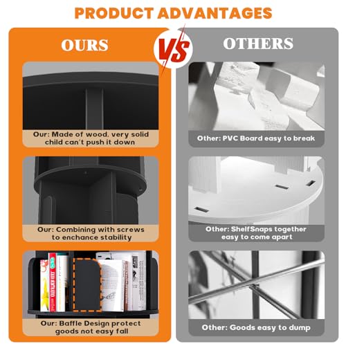 Aheaplus 5 Tier Wood Rotating Bookshelf, 360° Spinning Book Shelf Tower - color: Black, size: 6-Tier