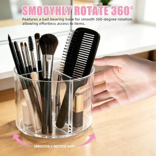 Acrylic Makeup Brush Holder, Clear Rotating Makeup Brush Holder Organizer, Make up Brush Stand with 4 Slots for Vanity Desk Countertop - size: Round-6in