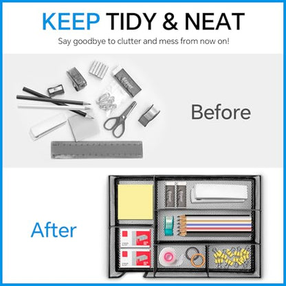 Desk Drawer Organizer, Office Drawer Divider Organizer Tray with 6 Compartments, Metal Mesh Desktop Organization and Accessories for Stationery Makeup Kitchen Toolroom School ＆Office, 12.6x8.27x1.6 in - size: Large