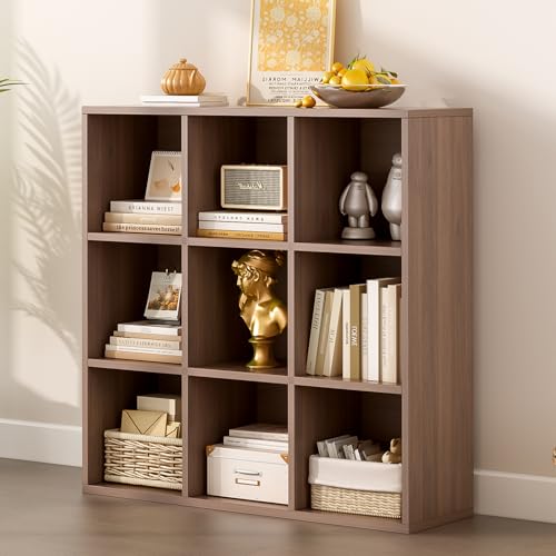 9-Cube Storage Shelf Bookcase, Walnut | Wooden 3-Tier Open Bookshelf, Fits 11×11" Bins, Vertical or Horizontal Use, Full Back Panels, For Home Office - color: Walnut, size: 9-Cube