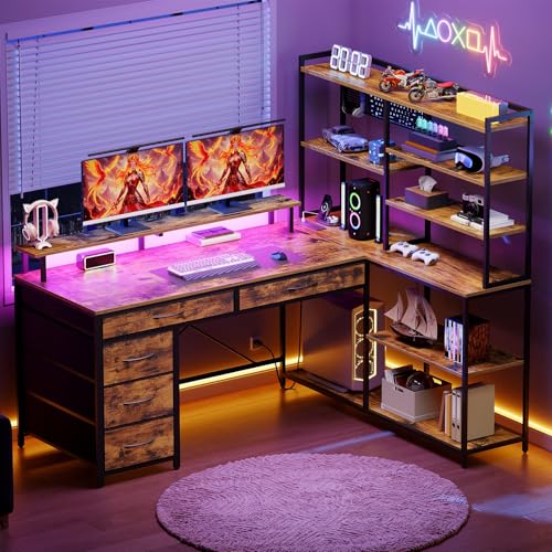 L Shaped Computer Desk with Drawers, 53'' Gaming Desk with Storage Shelves, Corner Computer Desk with Power Outlets & LED Light, Home Office Desk with Monitor Stand and Pegboard, Rustic Brown